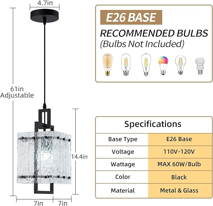 Pendant Lights Kitchen Island,Black Pendant Light Fixtures with Water Ripple Glass, Modern Pendant Lighting for Dining Room