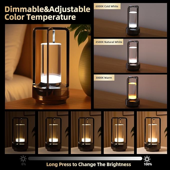 Portable Touch Control Table Lamp with 5000mAh Battery, 3-Color Stepless Dimming Cordless LED Light for Bedroom/Camping/Restaurant/Bar Indoor & Outdoor (1-Pack Pearl Black)