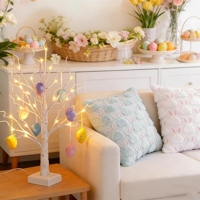 Easter Tree Lamp Lighted up Easter Decorations for Tabletop, Artifical Mini Birch Tree Bonsai Decor for Bedroom Bedside Fireplace Aesthetic,Battery and USB Dual Powered(Includes 8 Easter Eggs),23.6''