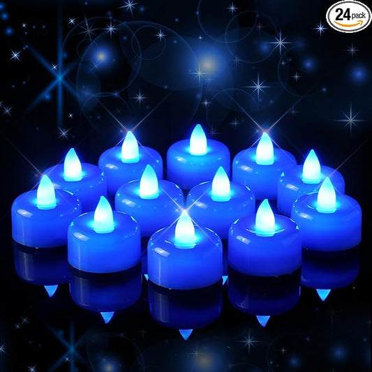 Amagic 24 Pack Blue Flameless LED Tea Lights Candles Battery Operated, Electric Fake Tealight Candles for Wedding, Table Centerpiece, Home Decor, Gift, Party, Halloween, Christmas, Proposal