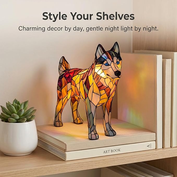 Rainbow Puppy Lamp Stained Glass Dog Night Light 3D Retro Stained Resin Rainbow Pup Lights Charge Powered Table Lamp Puppy Glow Lamps for Home Bedroom Desk (I)