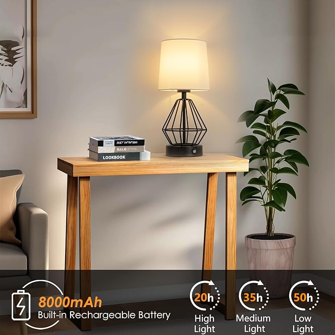 8000mAh Rechargeable Battery Table Lamp,Black Cordless Lamp Set of 2,Touch Stepless Dimming,Black Cage Frame Wireless Lamp,White Lampshade,14.7inches Tall