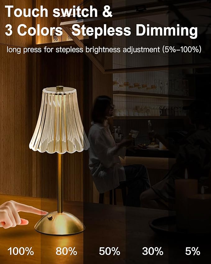 Gold Rechargeable Table Lamp [2 Pack], Cordless Touch LED Bedside Lamp with 3 Color Modes, USB Dimmable