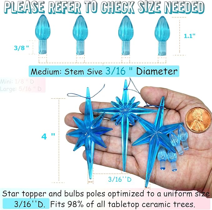 Ceramic Christmas Tree Replacement Lights Bulbs, Aqua Blue Medium Twist Plastics Pegs Ornaments for Ceramic Tree(87 Bulbs＆ 3 Topper Star)