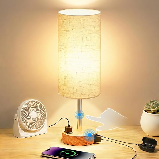 Table Lamp for Nightstand, High-Sensitivity Touch, 3-Level Dimmable Bedside Lamp with AC Outlet | USB | and USB-C, Ideal Night Stand Lamp for Bedroom, Reading, Living Room (Warm&Wooden)