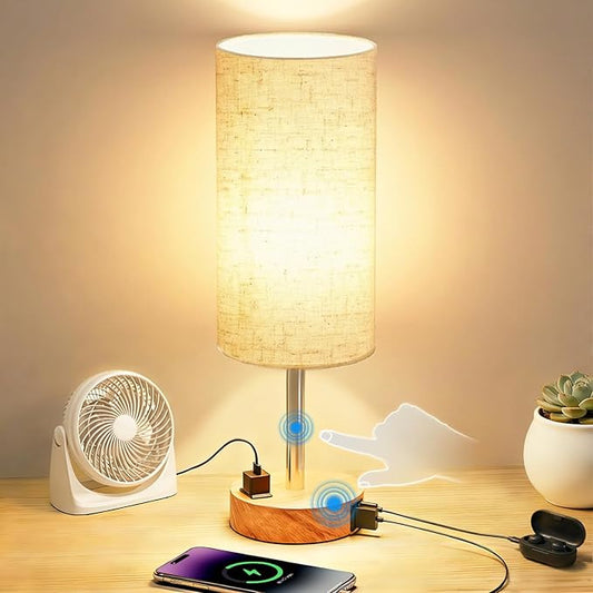 Table Lamp for Nightstand, High-Sensitivity Touch, 3-Level Dimmable Bedside Lamp with AC Outlet | USB | and USB-C, Ideal Night Stand Lamp for Bedroom, Reading, Living Room (Warm&Wooden)