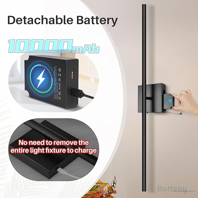 Removable 10000mAh Battery Operated 2 Pack Wall Sconces Lamps Remote Control & 4 Pack Batteries 31.5’‘ Rechargeable Dimmable Black LED Wireless 13.6W Wall Lights for Living Room Bedroom Picture Foyer