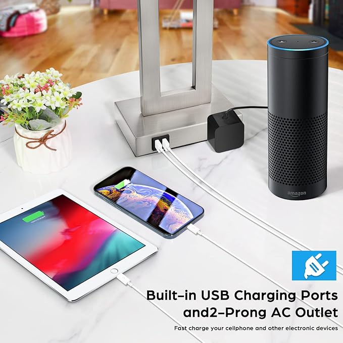 22'' Tall Table Lamps for Bedroom Set of 2, Silver Bedside Touch Control Lamp with 2 USB Ports&AC Outlet, Modern Living Room Table Lamp for Nightstand End Table, 3-Way Dimming with 2 E26 Edison Bulbs