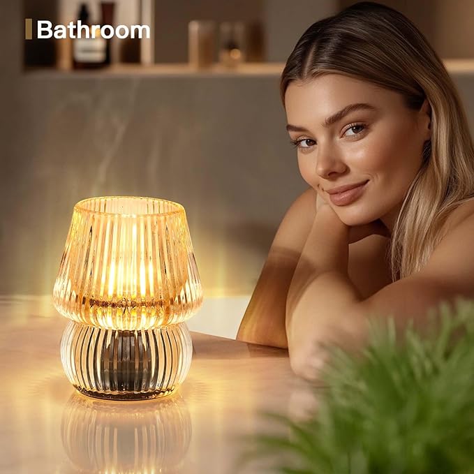 Small Battery Operated Lamp with Timer, Tiny Cordless Glass Table Lamp for Home Decor, Kitchen, Bathroom, Birthday Gift for Women, Mushroom, Amber