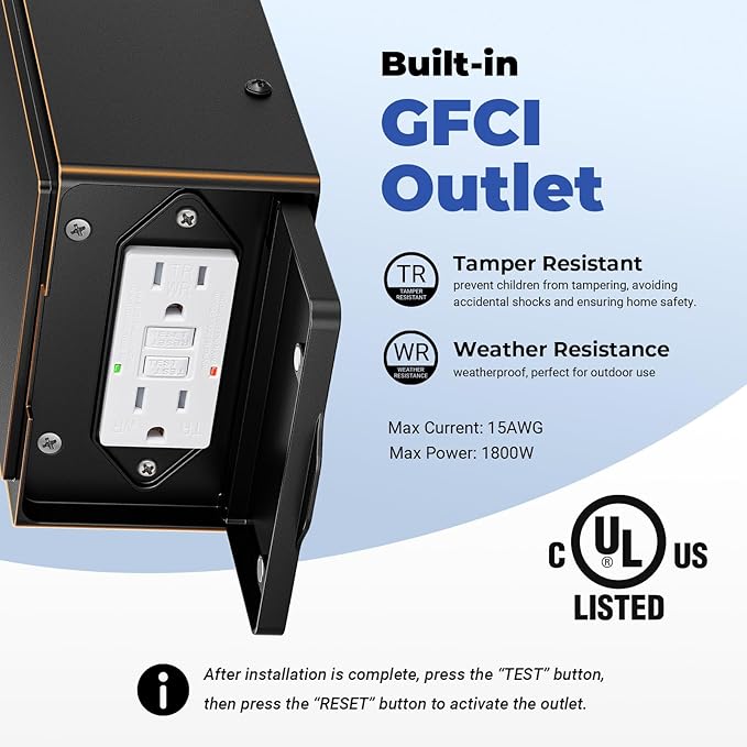 2-Pack Outdoor Wall Light with GFCI Outlet, Black Exterior Lighting Fixtures with Gold Trim, Dusk to Dawn Outdoor Lights for House Garage Coach, Outside Light with Outlet, Aluminum, Hardwired