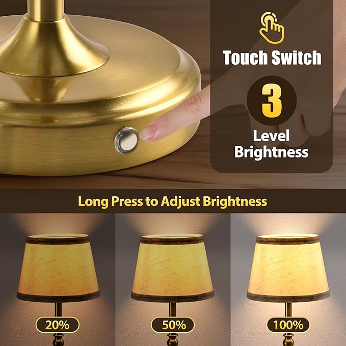 Small Gold Rechargeable Table Lamp,12-14 Inch Tall Vintage Style,Battery Powered Cordless Desk Lamp,Mini Touch Control Bedside Lamp,Warm Light 3000K for Nightstand Bedroom Counter Living Room-2 Pack
