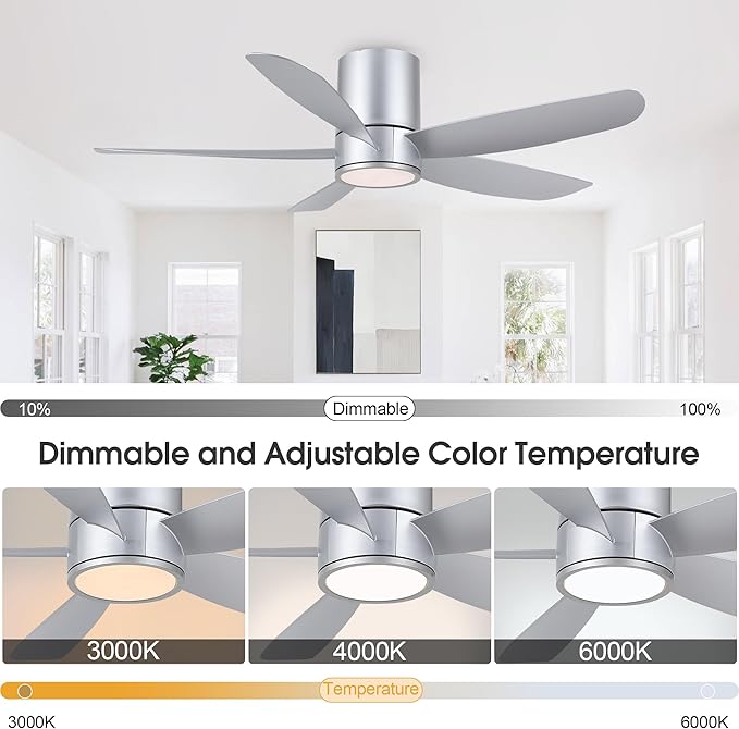 52" Outdoor Ceiling Fan with Light and Remote, ABS Blades, Low Profile Flush Mount Ceiling Fan, Dimmable LED light, Noiseless Reversible DC Motor, for Bedroom/Living Room/Porch (Silver)