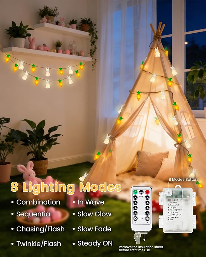 YIQU Easter Decoration String Lights, 10FT 12LED Bunny Carrot Mantel Garland Battery Operated with Remote Timer 8 Modes, Hemp Rope Banner for Fireplace Table Wall Spring Party Indoor Outdoor Decor
