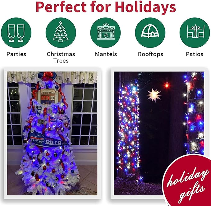 LAMPHOME Red White and Blue Patriotic String Lights, 66ft 200 LED Fairy Lights Plug in, 16 Modes 4th of July Lights Outdoor Waterproof for Independence Day Memorial Day Patriotic Window Decor