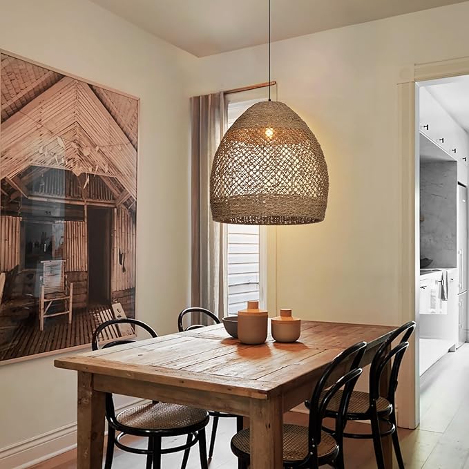 Arturesthome Large 23.6in Rustic Rattan Pendant Light,Basket Hanging Light Ceiling Lamp for Dining Room, Farmhouse Wicker Chandelier for Living Room Foyer Bedroom Hallway