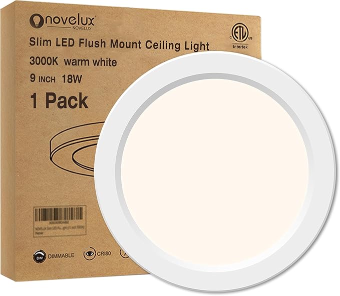 Flush Mount Ceiling Light Fixture - ETL Certified - 9 Inch Dimmable 3000K Warm White LED, 0.63'' Ultra Thin Round Design for Bedroom, Bathroom, Kitchen, Hallway, Basement, Closet (1-Pack)‌