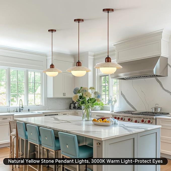 Pendant Lights Kitchen Island Wabi Sabi Lamp, Hanging Lighting Fixture Natural Stone Shade Chandelier, Japandi Style 20W Yellow Travertine Cave Hanging Lights for Bedroom Dining Living Room Hallway