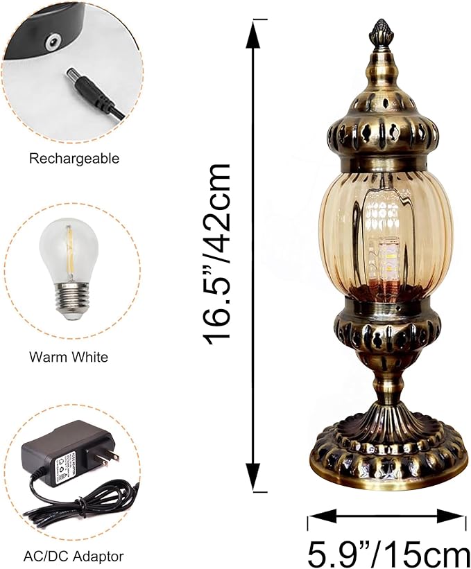 Kiven Cordless Turkish Table Lamp,1-Light Dimmable Bedside Lamps for Nightstand with Glass Lampshade, Retro Rechargeable Desk Lamp for Reading Home Decor Bedside TD1121