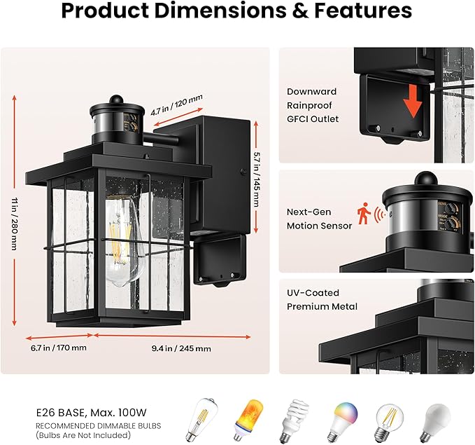 Gleamz Motion Sensor Outdoor Wall Light, Black Porch Light with GFCI Outlet, Waterproof Outdoor Light Fixture with Outlet, Front Door Light with Seeded Glass, Exterior Wall Lantern for Garage, Patio