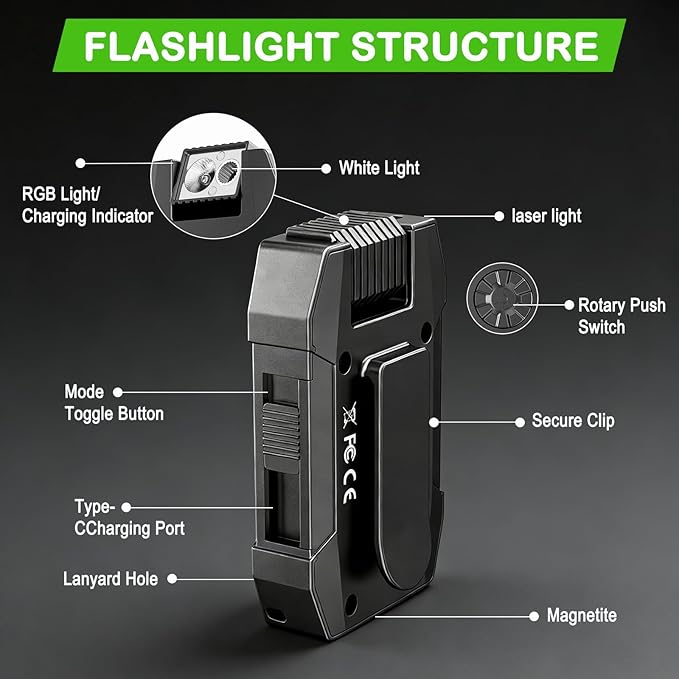 G5A Rechargeable EDC Flashlight, 400 Lumens Pocket-Sized Flashlight with 180° Rotatable Head, Magnetic Base, RGB, Clip-On Hands-Free Light for Camping, Hiking, Emergency, Repair (Black)