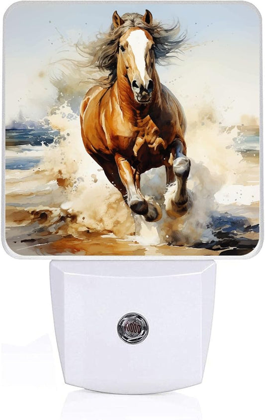 Watercolor Horse Night Light, Plug-into Wall Wild Farm Animal Nightlight Lamp with Dusk to Dawn Sensor, Led Lamp 0.5W Energy Efficient for Boys Girls Adults Home Decor
