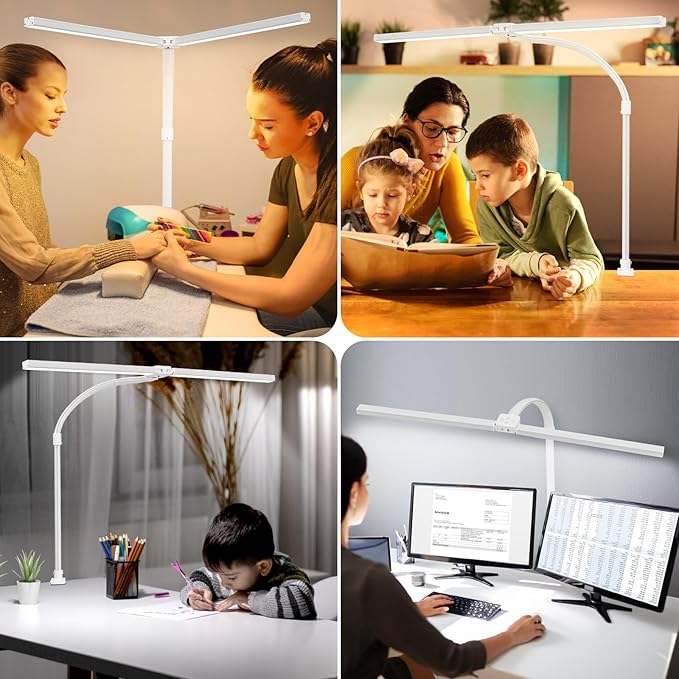 LED Desk Lamp for Office Dorm Home - Eye Caring Desk Light with Timer, Remote Control 24W Brightest Dual Screen Computer Monitor Gooseneck Dimmable Table lamp with Anti-Glare Cover Clamp & Base