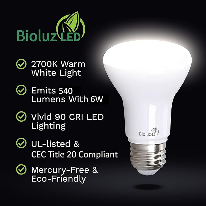 Bioluz LED Light Bulb BR20 Light Bulbs 2700K Bright Warm White LED Bulbs 6W=50W Replacement 90 CRI 540 Lumen Indoor/Outdoor UL Listed CEC Title 20 Compliant Home Decor LED Lights for Bedroom - 20 Pack