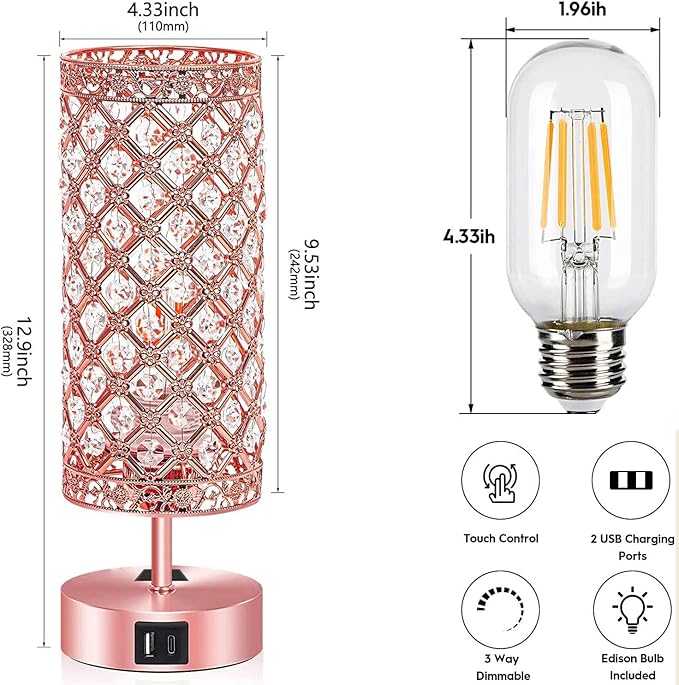 Rose Gold Crystal Table Lamp, Pink Desk Lamp Room Decor Touch Control Nightstand Night Light Girly Bling Lamps with 4 Charging Ports & Bulb Included for Home, Office, Living Room