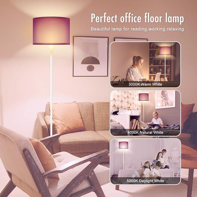 Floor Lamp, Standing Lamp, Modern Stand Up Lamps with Purple Lampshade, 59" Tall, Foot Switch, Simple Living Room Decor for Kids Room, Girls Room, Den, Office - White(NO Bulb,E26 Base)