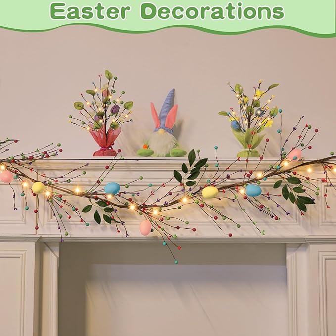 6 Ft 20 LED Easter Decorations Easter Garland with Lights Timer Colorful Eggs Mixed Berried Green Leafed Artificial Easters Egg Garland Spring Garlands for Home Mantle Fireplace Table Indoor Outdoor