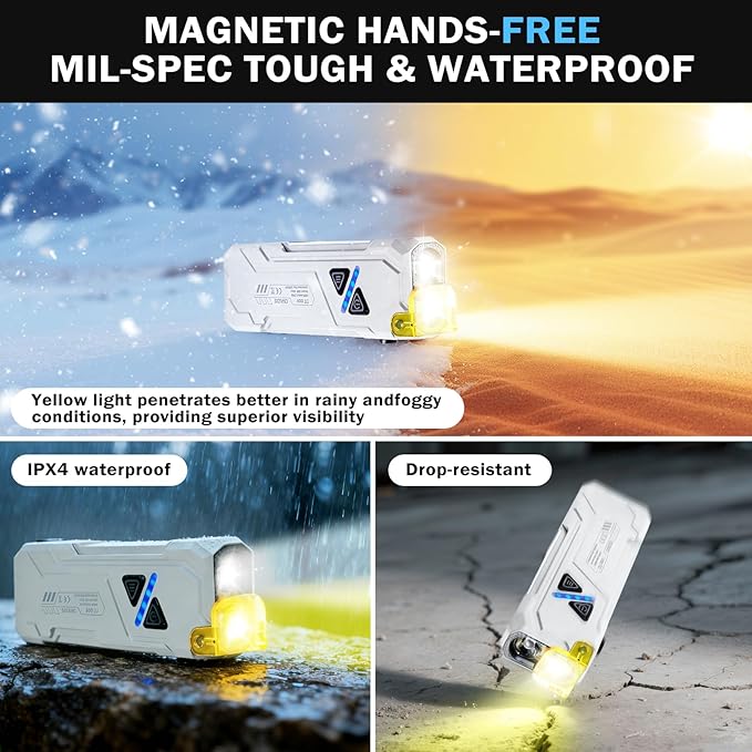 EDC Rechargeable Flat Flashlight 1000 Lumens White LED/UV/RGB Ambient Signaling Flashlights, Magnetic Clip on Pocket Light for Outdoors, Emergency, Working (White, Compact)