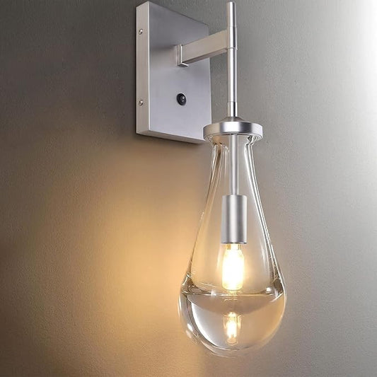 HuisMier Brushed Nickel Wall Sconce, Raindrop Wall Sconces with On Off Switch Button, Modern Clear Glass Wall Light Fixture Vanity Wall Lamp for Bathroom Bedroom Living Room Hallway