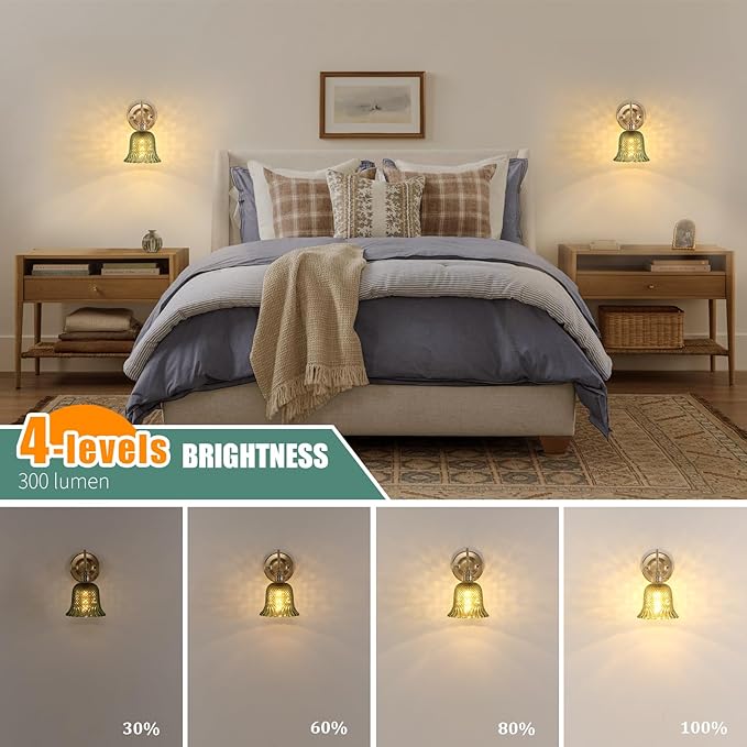 Battery Operated Wall Sconce Set of 2, Vintage Rechargeable Wall Lights with Green Diamond Flower Glass Shade, Wireless Indoor Wall Lamp with Remote for Bedroom Living Room Bathroom