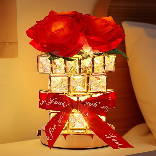 Rose Flower Table Lamp Gifts: for Women/Mother's Day/Mom/Grandma/Sister/Girlfriend, Battery Powered Small Night Light for Kitchen Bedroom Office Decor,Rechargeable Cordless Touch Crystal Lamp