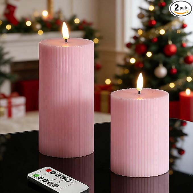 Pink Ribbed Flameless Pillar Candles with Remote, Flickering LED Wax Candles Battery Operated Set of 2