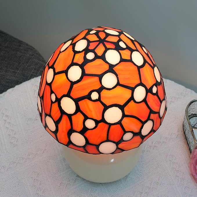 Orange Mushroom Lamp Bedroom Bedside retro Decor Art Nightstand unique Led Small Night Light Unique Esthetic Cute Kids Girls Vintage Home Ceramic Desk Tiffany Style Stained Glass Table Lamps