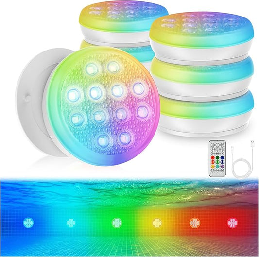 Pool Lights, 2025 Upgraded Ultra-High Brightness Rechargeable Submersible Pool Lights with Remote, IP68 Waterproof 22 Colors Pool Light 2600mAh Magnet LED Underwater Light for Hot Tub 6 Pack