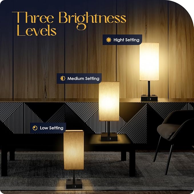 Soilsiu Bedside Table Lamps Set of 2 - Touch Nightstand Lamp for Bedroom with USB C+A Charging Ports & AC Outlets, 3-Way Dimmable Desk Lamp Flaxen Fabric Shade for Living Room Office(Bulb Included)