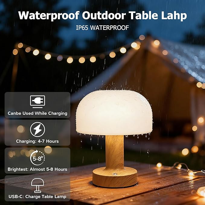 Waterproof Shower Lamp Cordless Rechargeable Mushroom LED Light, IP65 Waterproof Bathroom Lamp Portable Touch Light for Shower, Shower Light Bathroom Bathtub Decor Indoor Outdoor Use