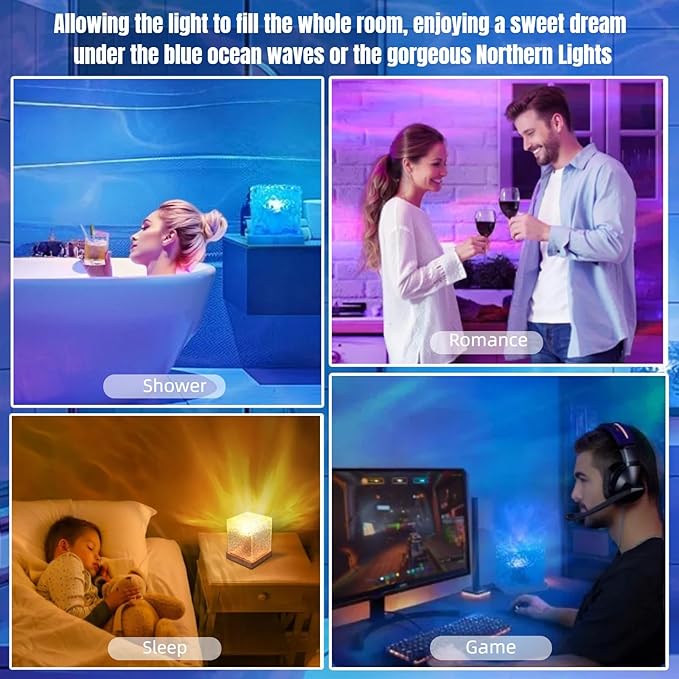 Rechargeable Ocean Wave Projector Light, 16 Color Changeable & Dimmable Shower Lamp with Remote, Cube Mood Ambient Lighting, Ocean Room Decor, Cordless Night Light for Bathroom, Room Decor