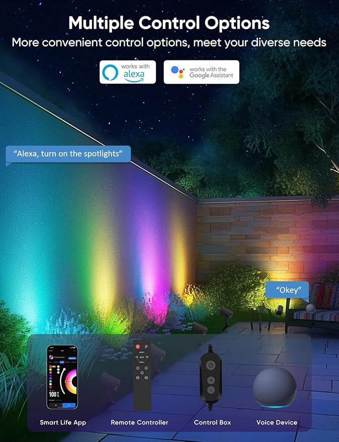 APPECK Smart Outdoor Spot Light 600lm, RGBCW+IC Color Changing Landscape Lights 2 Pack, IP65 Waterproof Low Voltage Landscape Lighting, App/Voice Control for Garden Pathway Yard Halloween Decor