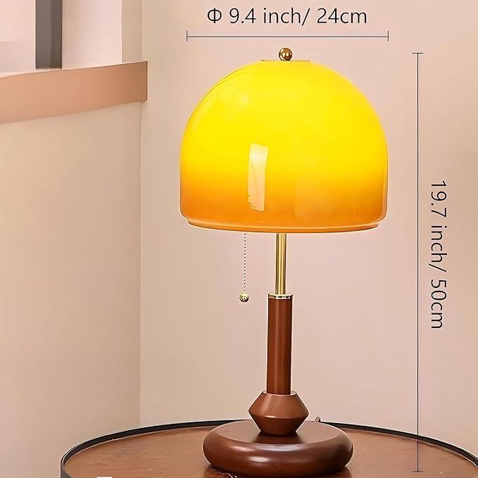 LIGHTLAND Orange Table Lamp, Glass Lampshade Metal Lamp Body Wood Base, Decorative Mushroom Lamp, Vintage Table Lamp for Living Room Bedroom Study, 9.4 * 19.7 Inch