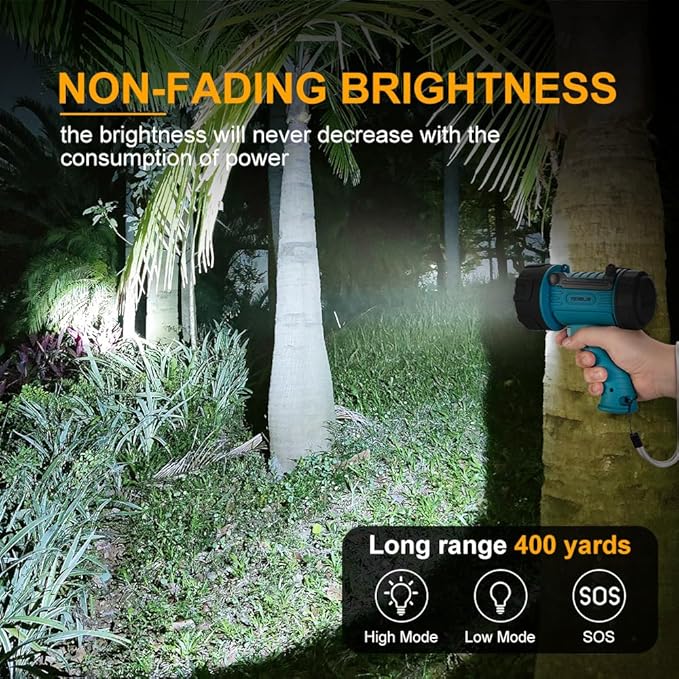 YIERBLUE Rechargeable Spotlight, Super Bright 90,000 High Lumen LED IP67 Waterproof Handheld Spotlight Long Lasting Large Flashlight Searchlight with Detachable Red Light Filter