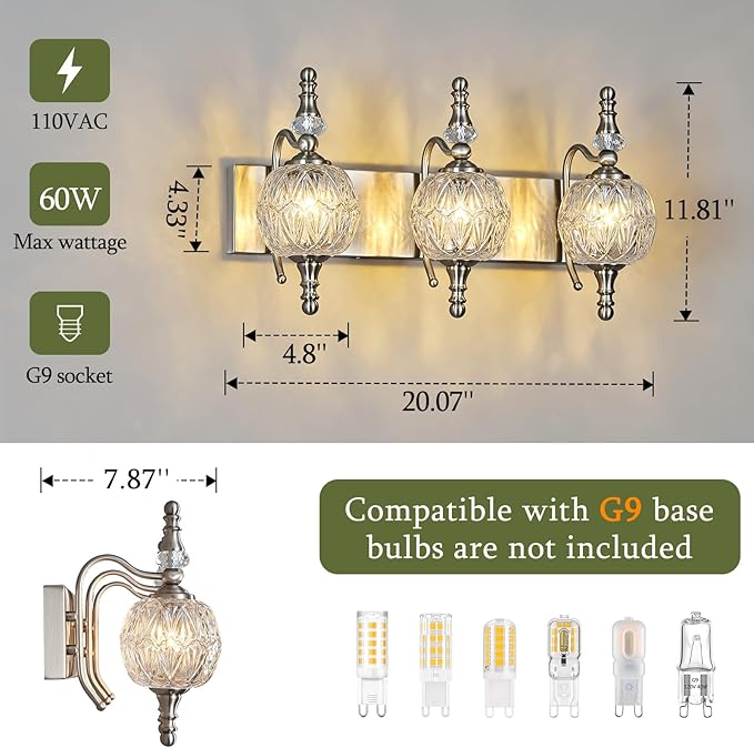 Modern Crystal Bathroom Vanity Lights Fixtures Over Mirror Brushed Nickel Vintage 3-Lights 20 Inch Bathroom Light Fixtures Glass Crystal Vanity Lights