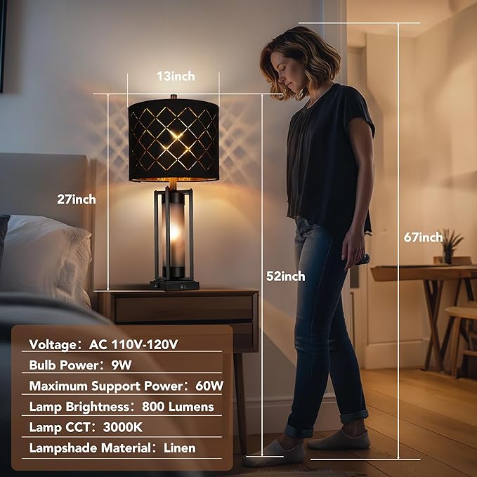 Modern Table Lamp Set of 2, Nightstand Lamps with Black Grid Shade, Bedside Lamps with USB A+C Charging Ports, Decorative Table Lamp, Square Base, Desk Lamps for Living Room, Bedroom, 2 Bulbs Included