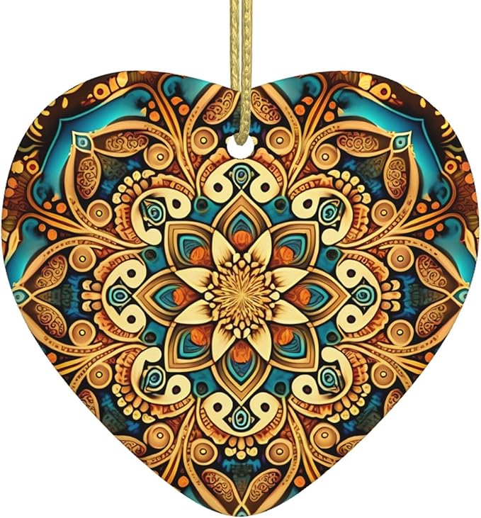Gorgeous Mandala Christmas Ornaments, Christmas Decorations Xmas Tree Hanging Ornaments, Heart-Shaped Ceramic Festive Keepsake Gift for Christmas Decorations Home Holiday Party