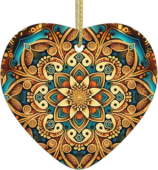 Gorgeous Mandala Christmas Ornaments, Christmas Decorations Xmas Tree Hanging Ornaments, Heart-Shaped Ceramic Festive Keepsake Gift for Christmas Decorations Home Holiday Party