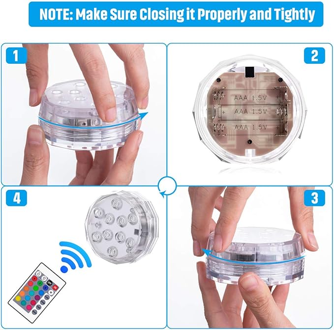Submersible Led Pool Lights - Waterproof Underwater Pond Light Remote Battery Powered Remote Controlled Color Changing Shower Lights for Pool Vase Spa Party Hot Tub 4 Pack