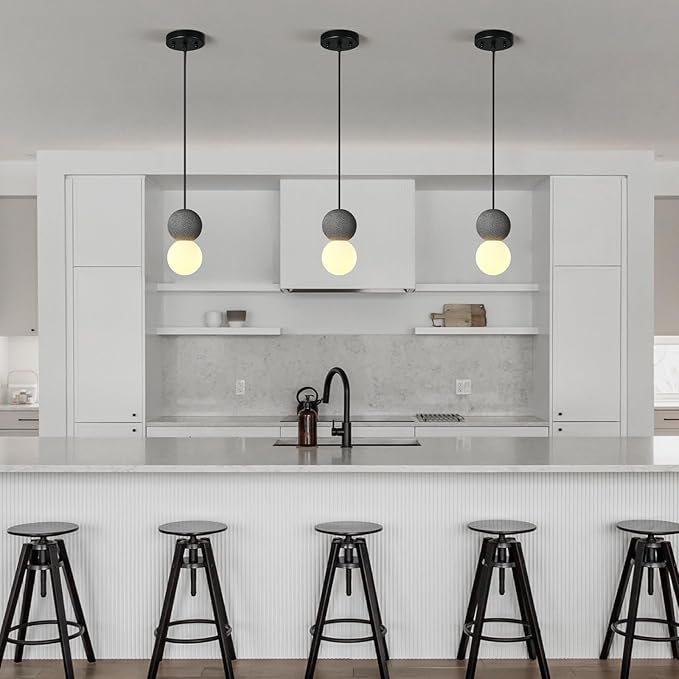 Modern Black 1-Light Concrete Pendant Light Kitchen Island Ceiling Light Fixture White Glass Globe Ball Pendant Lighting for Dining Room Coffee Club Resturant Bar Living Room(1-Pack)