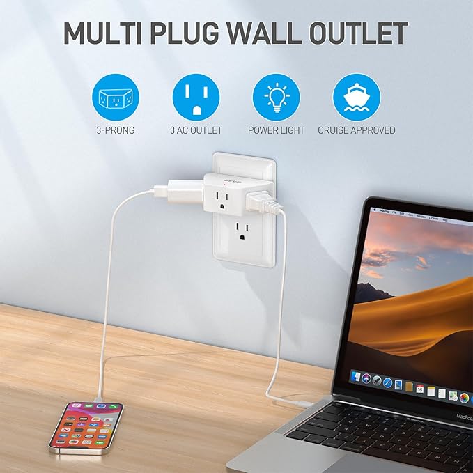 BEVA Multi Plug Outlet Extender, 3 Prong Plug Extender with 3 AC Outlets, Compact Multi Plug Wall Adapter for Travel Cruise Ships Dorm Rooms Office Home Essentials (1 Pack)